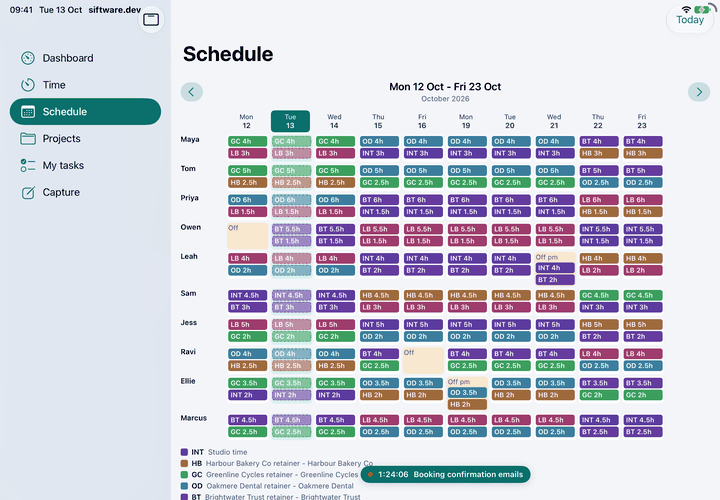 The Siftware Dev schedule on iPad: two weeks of who is on what, by client.