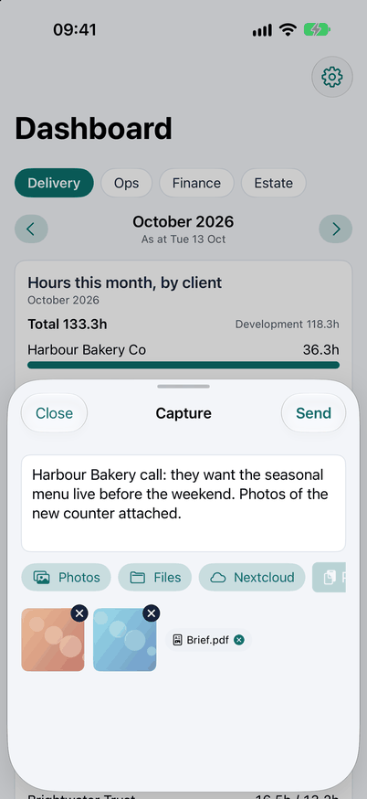 The Siftware Dev iPhone app capturing a note from a client call, with photos and a file attached.