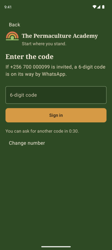 Signing in to The Permaculture Academy app: enter the 6-digit code sent by WhatsApp.